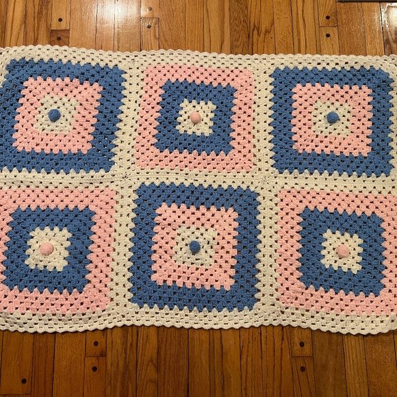 Beautiful Handmade Crochet Pink Blue & White Square Design Lap Blanket 3 x 4' - Picture 1 of 5